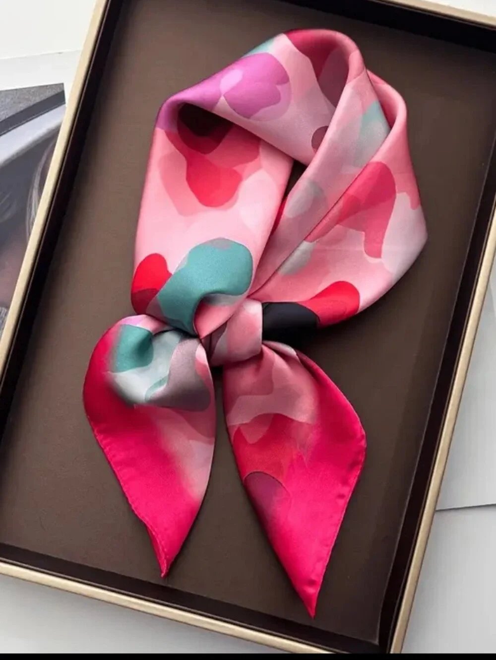 Silk-feel Pink Heart-Print  Scarf -  Women's  Head Scarf Neck Scarf